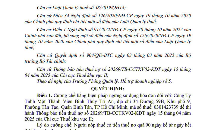 Tp.HCM: Công ty Bình Thủy Trí An bị cưỡng chế ngừng sử dụng hóa đơn do nợ thuế quá hạn