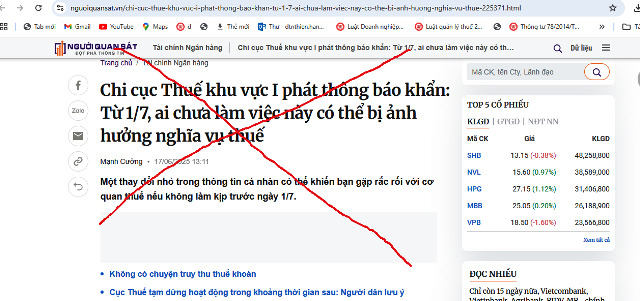 Chi cục Thuế Khu vực 1 cảnh báo đưa thông tin sai lệch nội dung hướng dẫn của cơ quan thuế