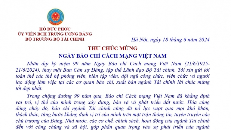 Bộ trưởng Hồ Đức Phớc gửi Thư chúc mừng nhân 99 năm Ngày Báo chí Cách mạng Việt Nam