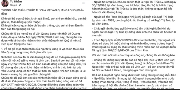Trước khi qua đời, cố NS Vân Quang Long đau chân, không đi làm được nên phải vay mượn tiền gửi về