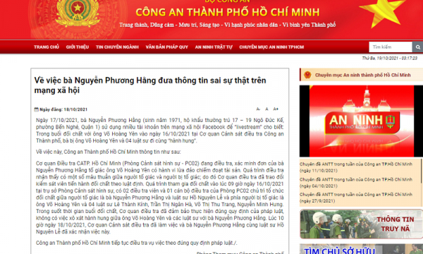 Nóng: Công an TP HCM khẳng định bà Nguyễn Phương Hằng đưa tin sai sự thật trên mạng xã hội
