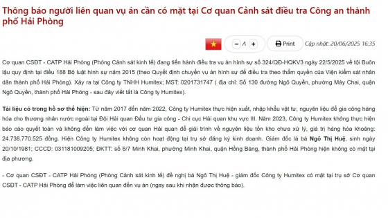 Công an TP.Hải Phòng truy tìm giám đốc Công ty Humitex