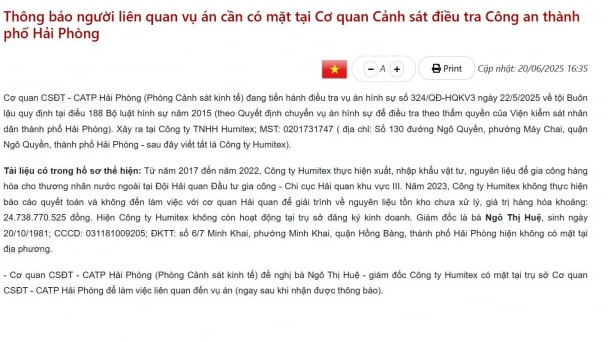 Công an TP.Hải Phòng truy tìm giám đốc Công ty Humitex