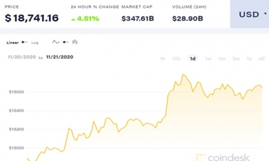 Bitcoin tăng vọt, tiến sát 19.000 USD một đồng