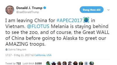 Tổng thống Donald Trump lên mạng xã hội Twitter thông báo đến Việt Nam