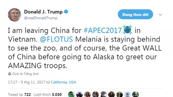 Tổng thống Donald Trump lên mạng xã hội Twitter thông báo đến Việt Nam
