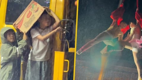 Xúc động khoảnh khắc cậu bé 6 tuổi điều khiển cần cẩu giúp bố mẹ diễn xiếc dưới mưa