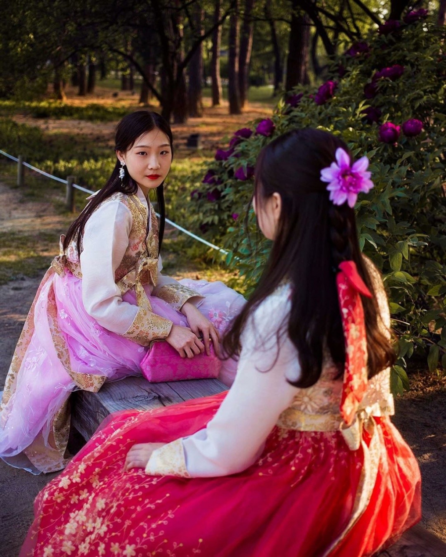 Trong hầu hết các ngày cuối tuần, phụ nữ Hàn Quốc sẽ đến những khu vườn xinh đẹp ở Cung điện Gyeongbok với trang phục truyền thống - Hanbok.