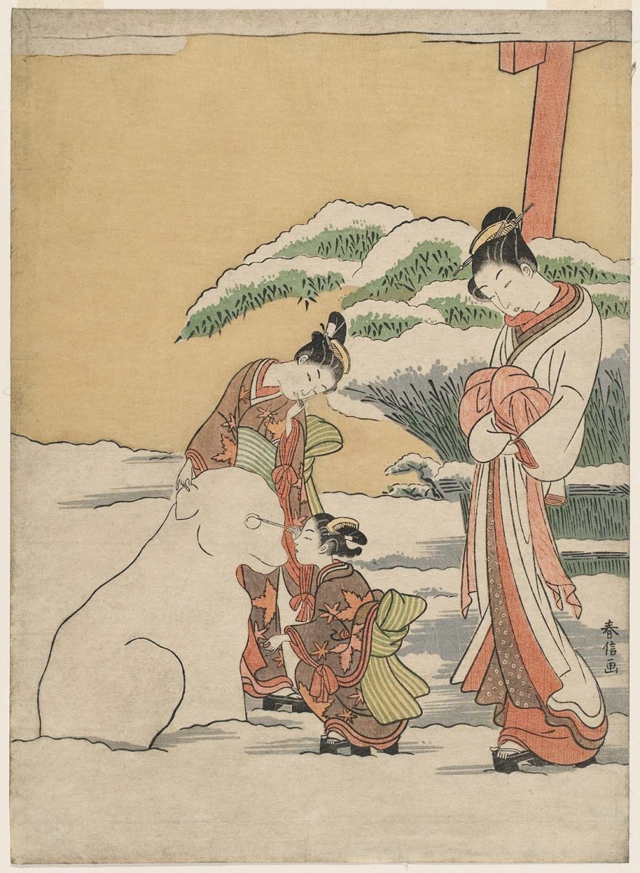 Kỹ nữ xem hai a hoàn đắp chó tuyết (Suzuki Harunobu, 1767-68)