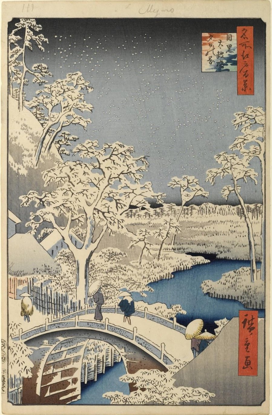 Cầu trống trên sông Meguro và ngọn đồi hoàng hôn (Hiroshige, 1857)