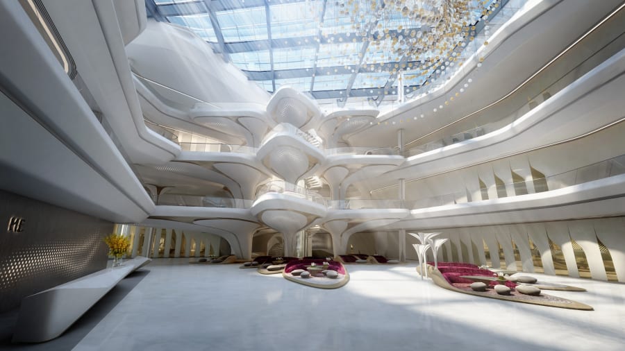 Thiết kế đẹp mắt của sảnh trong The Opus - thuộc Tập đoàn Khách sạn Melia International International, Dubai. Đây sẽ là khu vực tiếp đón chung dành cho khách tới khu lưu trú của tòa nhà, với bao gồm tổ hợp không gian văn phòng, hộp đêm, 12 nhà hàng và quán bar trên tầng thượng.