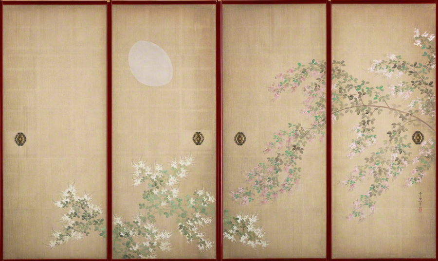 Mặt trăng và hoa đậu (Suzuki Kiitsu) - tranh trên cửa trượt
