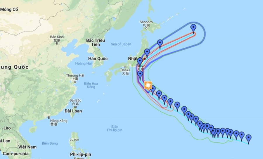 Đường đi dự kiến của bão Faxai, cơn bão có sức gió tới 144km/h ở gần tâm bão.