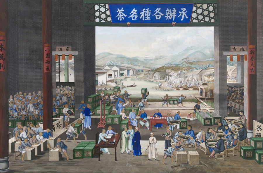 Một bức tranh của Ting Quan mô tả việc sản xuất trà ở Trung Quốc, thế kỷ 19.