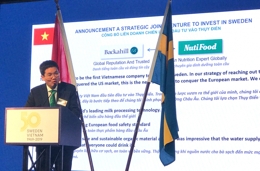 Ông Trần Thanh Hải, chủ tịch HĐQT NutiFood, rất tự hào khi NutiFood là doanh nghiệp Việt Nam đầu tiên đầu tư vào Thụy Điển