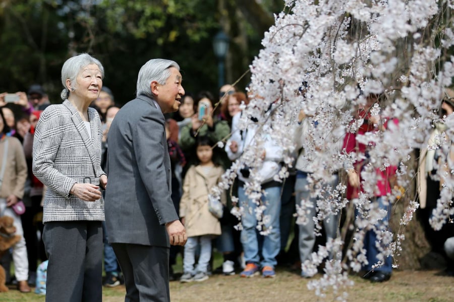 Hoàng đế Nhật Bản Nhật Bản Akihito và Hoàng hậu Michiko chiêm ngưỡng những bông hoa anh đào nở rộ tại vườn quốc gia Kyoto Gyoen ở Kyoto
