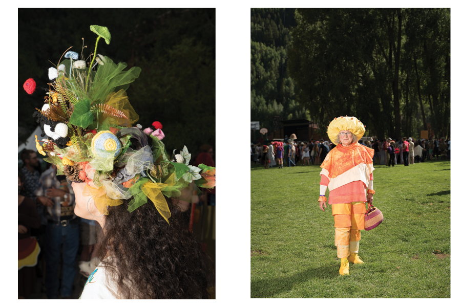 Trái: Một chiếc mũ đội đầu sáng tạo từ hình ảnh nấm. | Phải: Debbie Klein trong trang phục một cây nấm pholiota squarrosa, với chiếc mũ đội đầu gắn những viên kẹo Hershey's Kisses.