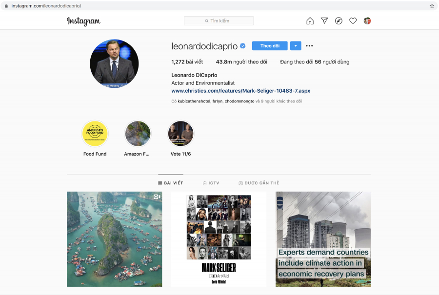 Trang Instagram cá nhân của Leonardo DiCaprio
