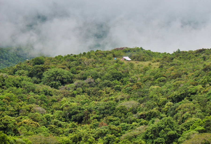 Nhìn về khu trại, mây mù bao phủ sườn núi bên cạnh