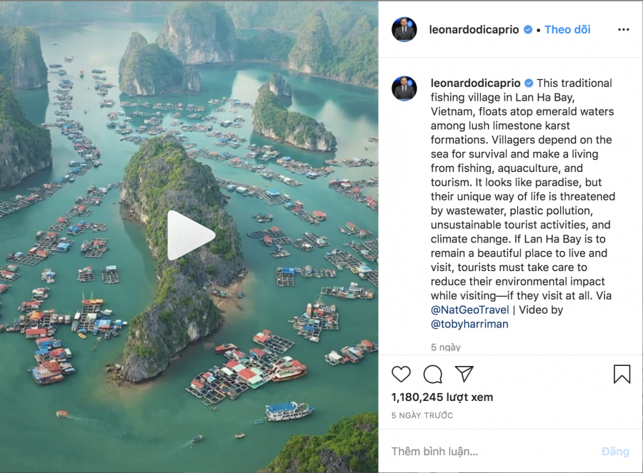 Nam tài tử đăng video giới thiệu Lan Hạ và kêu gọi bảo vệ vùng vịnh xinh đẹp này 