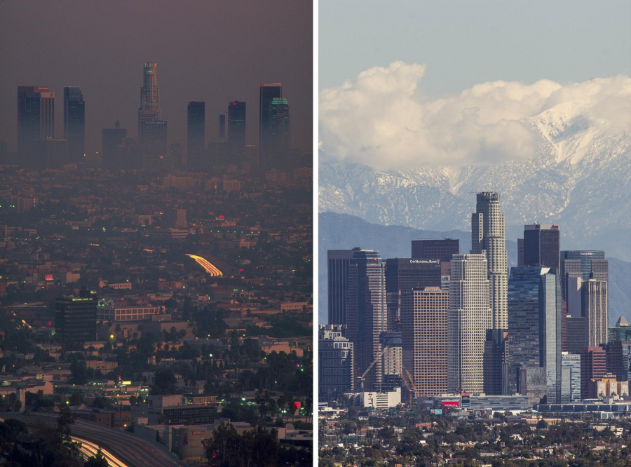 Bầu trời phía trên thành phố Los Angeles sạch và trong hơn do người dân giảm sử dụng ô tô, các loại máy móc và các hoạt động sản xuất tại địa phương từ ngày 23/3/2020