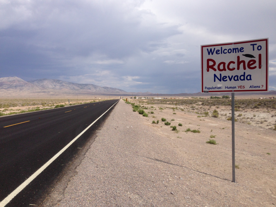 2014-07-17_15_09_31_Sign_for_Rachel,_Nevada_along_southbound_Nevada_State_Route_375_about_8.9_miles_south_of_the_Nye_County_Line