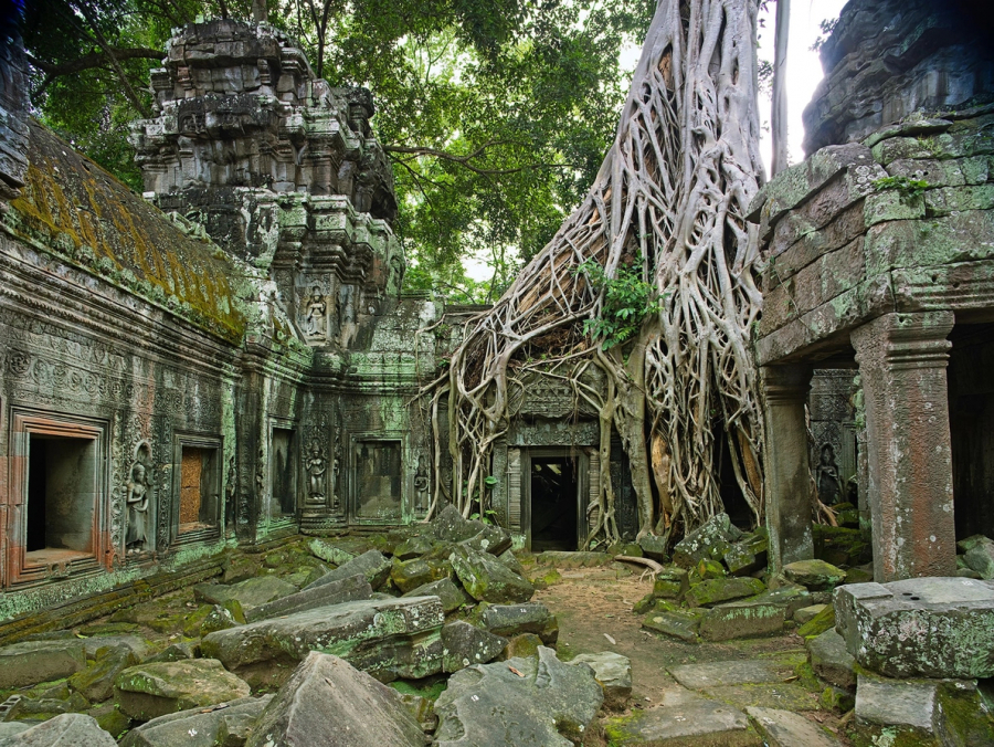Đền Ta Prohm ở Campuchia nổi danh không chỉ bởi kiến trúc độc đáo mà còn ở sự giao thoa với thiên nhiên. Gốc cây đại thụ bao phủ những ngôi đền tạo nên khung cảnh hùng tráng mà vẫn không kém phần bí hiểm, tâm linh. (Ảnh: Robert Clark)
