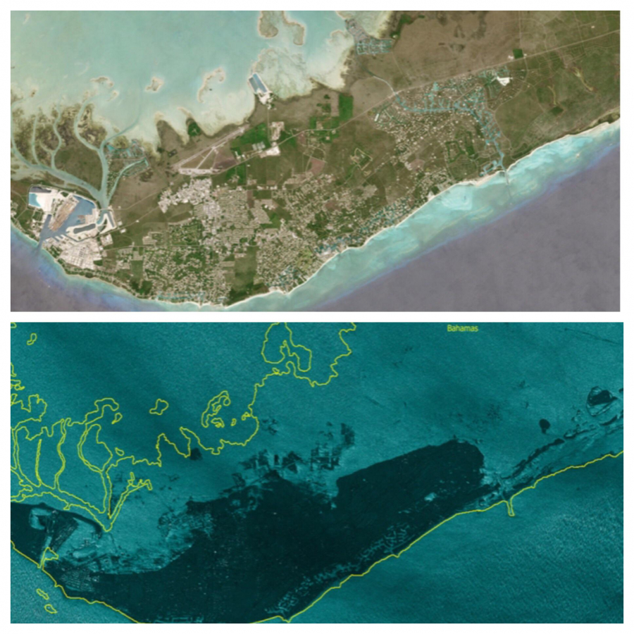 Ảnh chụp vệ tinh đảo Grand Bahama trước và trong bão Dorian (ảnh 2: phần màu sẫm là khu vực không bị ngập).