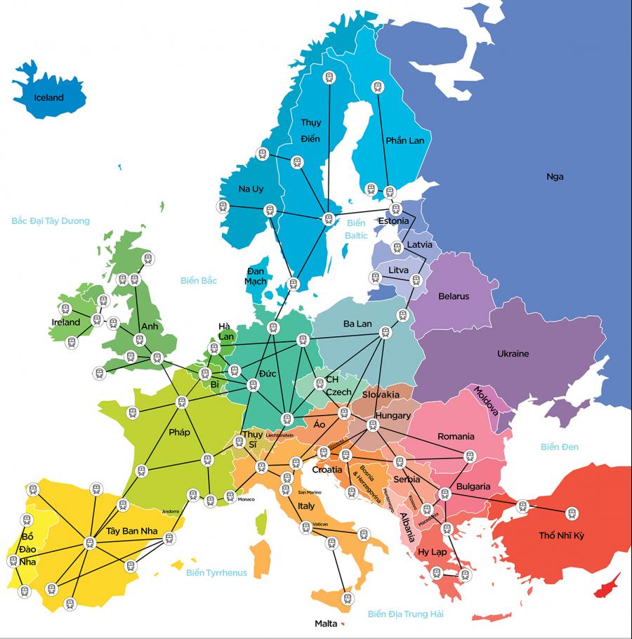 Rail network connects 33 European countries, serving billions of passengers per year (source: Eurail).