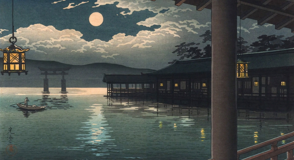 Ngắm trăng thu trong tranh khắc gỗ Nhật
