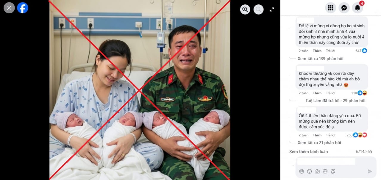 Hình ảnh do AI tạo ra với nội dung một quân nhân khóc nức nở khi vợ sinh bốn. Người viết đã câu view ''thành công'' khi nhận được hàng chục nghìn lượt thích, chúc mừng từ cộng đồng mạng