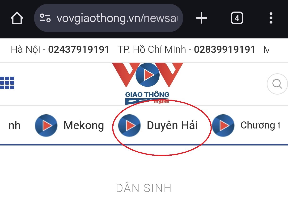 Giao diện truy cập để nghe VOV Giao thông Duyên hải trên trình duyệt điện thoại