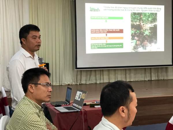 Anh Thái (đầu tiên bên trái) chia sẻ tại Hội thảo tập huấn “Buôn bán và tiêu dùng động vật hoang dã: Nguy cơ sức khoẻ con người và hệ sinh thái” do PanNature phối hợp cùng Save Vietnam’s Wildlife tổ chức.