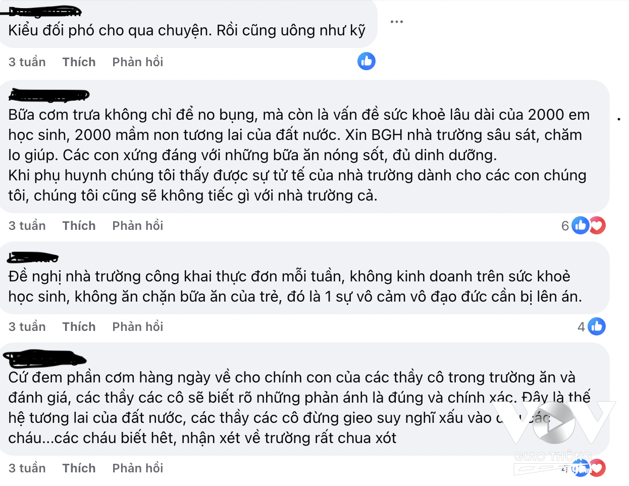 Phản hồi của phụ huynh về chất lượng bữa ăn bán trú