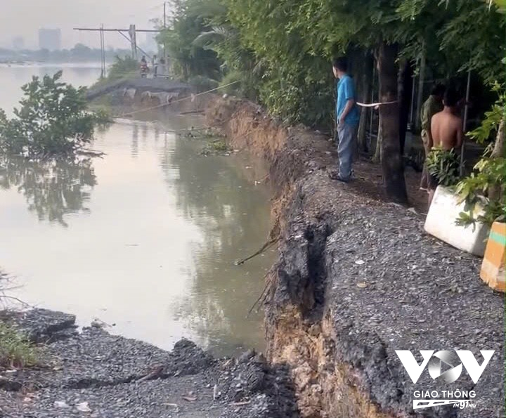 Bờ bao ven sông Sài Gòn (từ K8+360 đến K8+460, thuộc ấp 3, xã Bình Mỹ, huyện Củ Chi, TP.HCM) xảy ra sự cố sạt lở nghiêm trọng